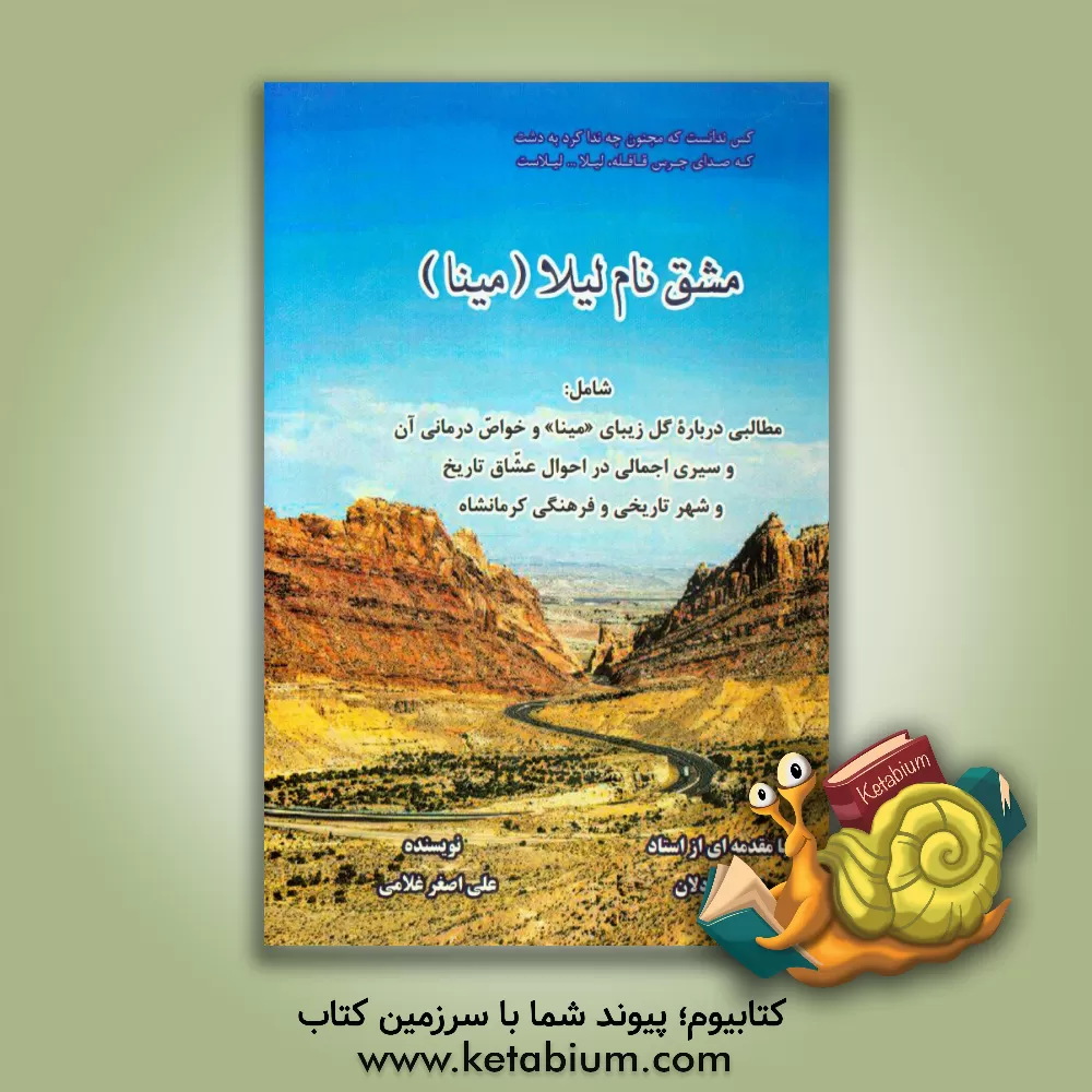 کتاب مشق نام لیلا (مینا) شامل: مطالبی درباره گل زیبای «مینا» و خواص درمانی آن و سیری اجمالی در احوال عشاق تاریخی و شهر تاریخی و فرهنگی کرمانشاه اثر علی‌اصغر غلامی